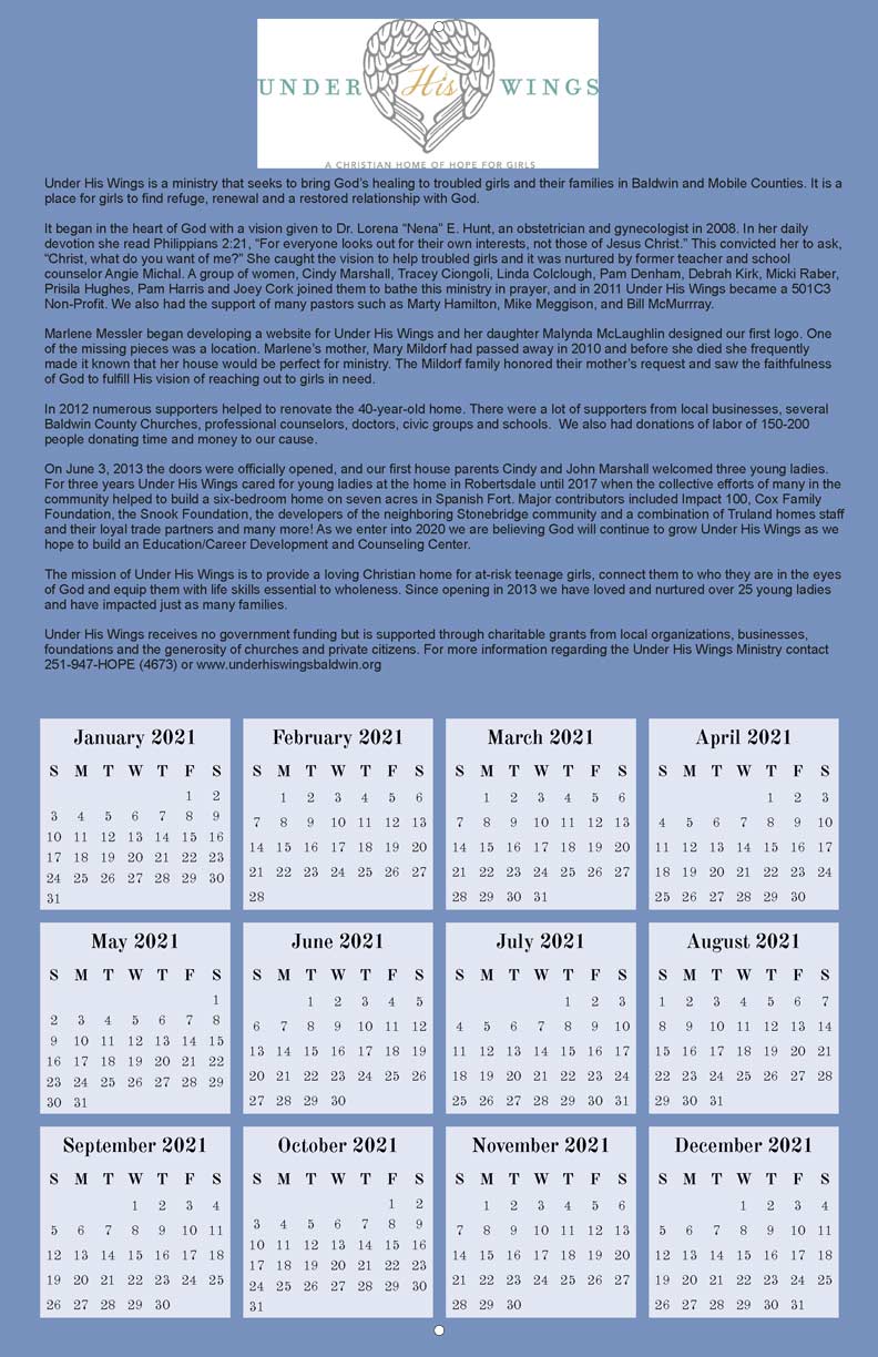 Under His Wings Prayer 2020 Calendar Fundraising